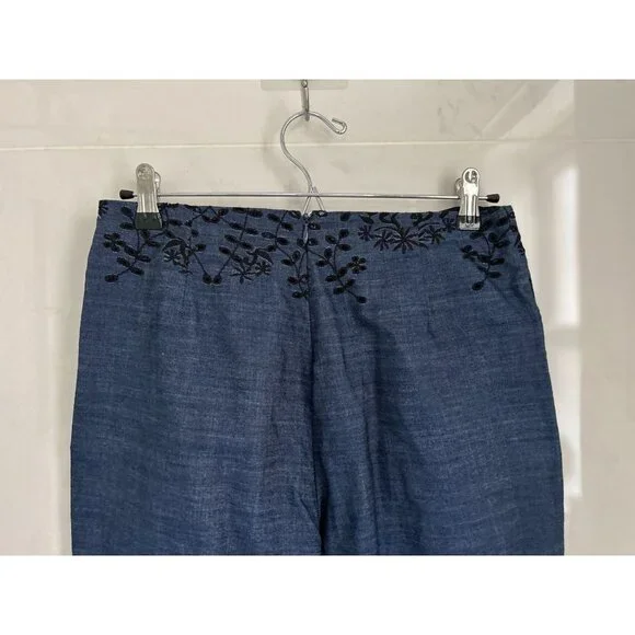 Yigal Azrouel Pants Lightweight Eyelet Trousers Blue Black Embroidery Size 6
